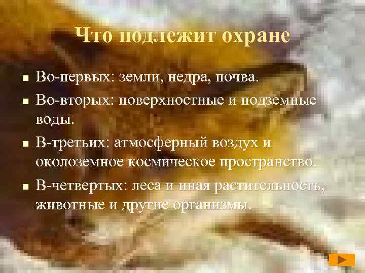 Что подлежит охране n n Во-первых: земли, недра, почва. Во-вторых: поверхностные и подземные воды.