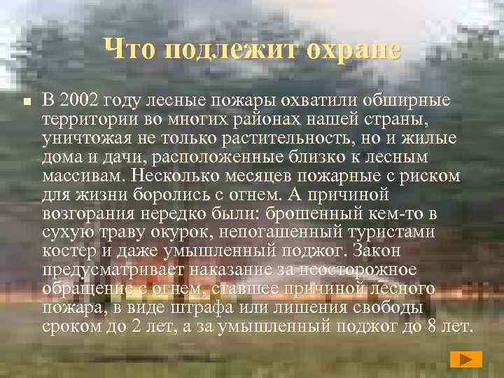Что подлежит охране n В 2002 году лесные пожары охватили обширные территории во многих