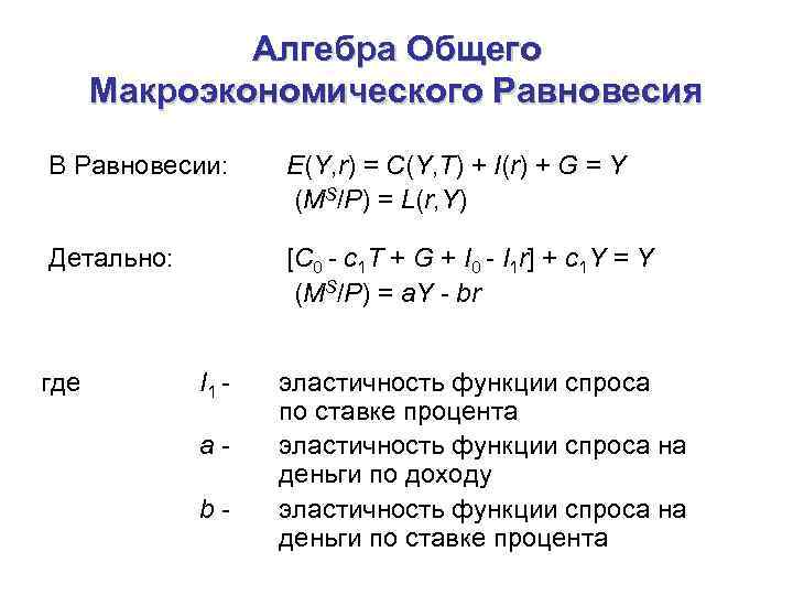 Алгебра Общего Макроэкономического Равновесия В Равновесии: E(Y, r) = C(Y, T) + I(r) +