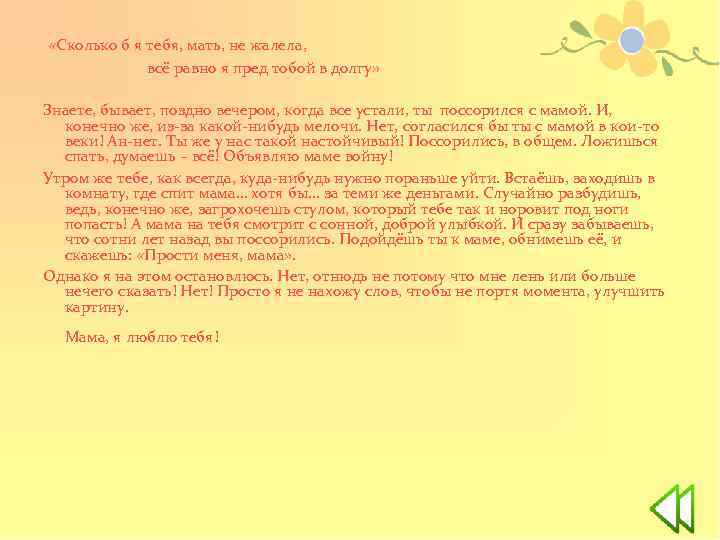  «Сколько б я тебя, мать, не жалела, всё равно я пред тобой в