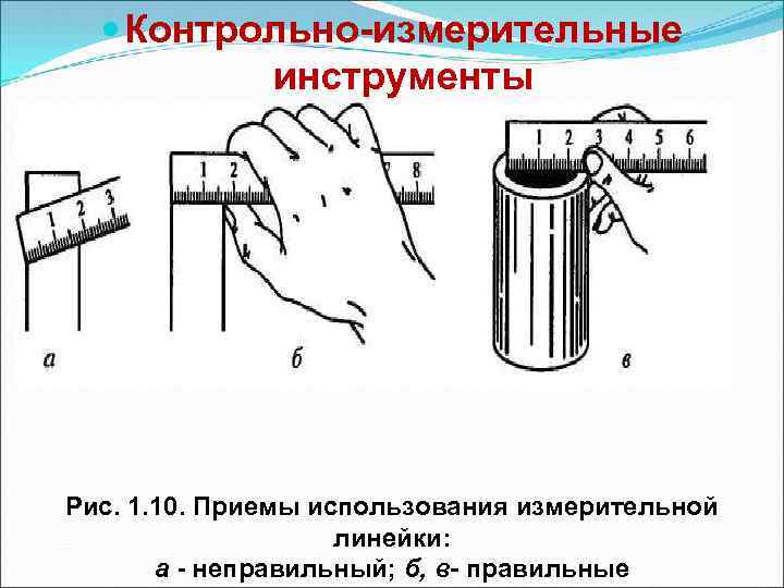  Контрольно измерительные инструменты Рис. 1. 10. Приемы использования измерительной линейки: а неправильный; б,