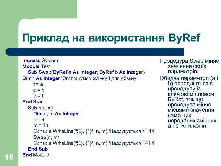 Приклад на використання By. Ref 10 Imports System Module Test Sub Swap(By. Ref a