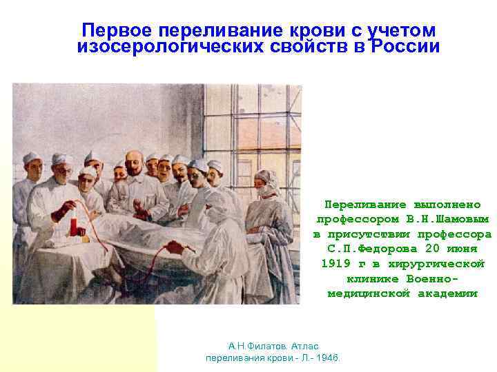 Первое переливание крови с учетом изосерологических свойств в России Переливание выполнено профессором В. Н.