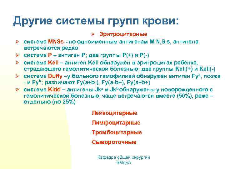 Другие системы групп крови: Ø Эритроцитарные Ø cистема MNSs - по одноименным антигенам M,