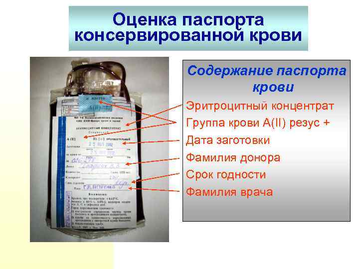Оценка паспорта консервированной крови Содержание паспорта крови Эритроцитный концентрат Группа крови А(II) резус +