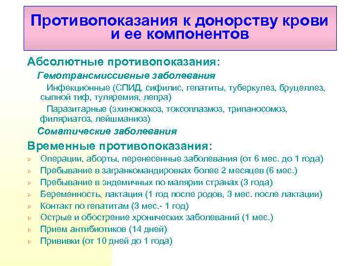 Противопоказания к донорству крови и ее компонентов Абсолютные противопоказания: Гемотрансмиссивные заболевания Инфекционные (СПИД, сифилис,