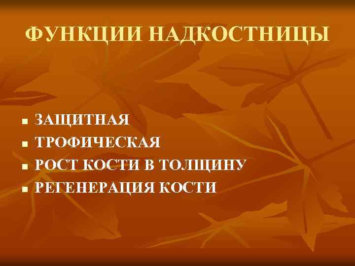 ФУНКЦИИ НАДКОСТНИЦЫ n n ЗАЩИТНАЯ ТРОФИЧЕСКАЯ РОСТ КОСТИ В ТОЛЩИНУ РЕГЕНЕРАЦИЯ КОСТИ 