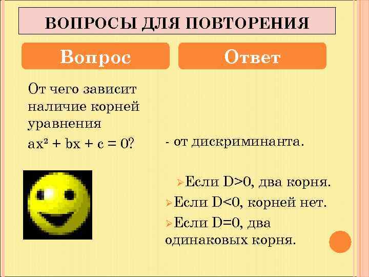 ВОПРОСЫ ДЛЯ ПОВТОРЕНИЯ Вопрос От чего зависит наличие корней уравнения ах² + bх +