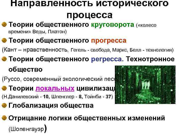 Направленность исторического процесса Теории общественного круговорота ( «колесо времени» Веды, Платон) Теории общественного прогресса