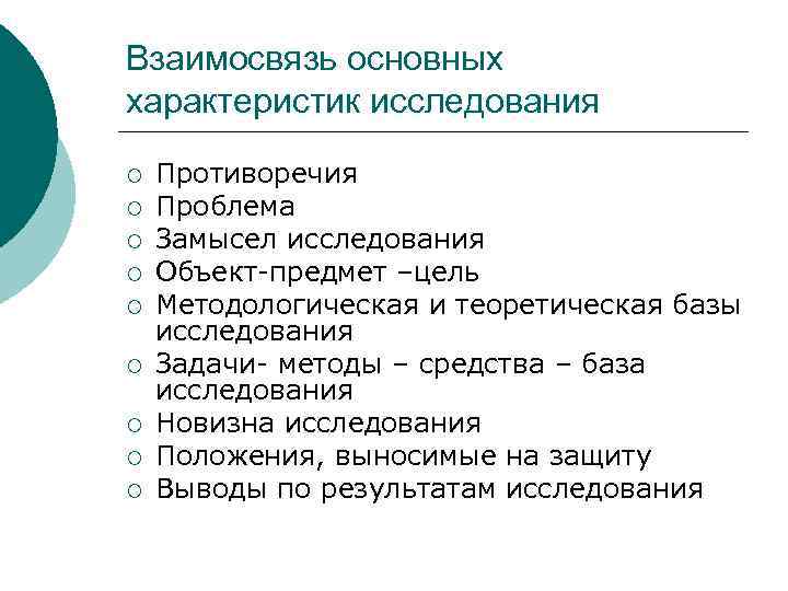 Взаимосвязь основных характеристик исследования ¡ ¡ ¡ ¡ ¡ Противоречия Проблема Замысел исследования Объект-предмет