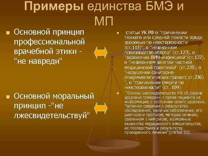 Примеры единства БМЭ и МП n n Основной принцип профессиональной врачебной этики "не навреди"