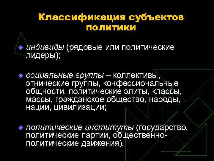 Классификация субъектов политики u индивиды (рядовые или политические лидеры); u социальные группы – коллективы,