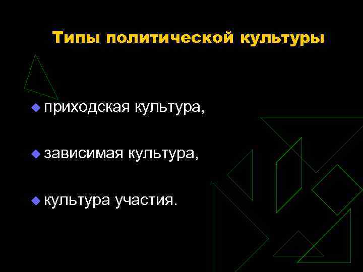Типы политической культуры u приходская культура, u зависимая культура, u культура участия. 
