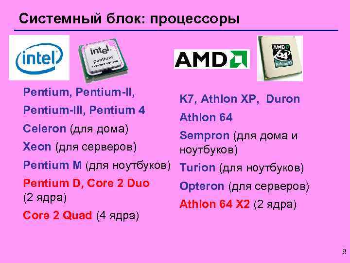 Системный блок: процессоры Pentium, Pentium-III, Pentium 4 Celeron (для дома) Xeon (для серверов) K