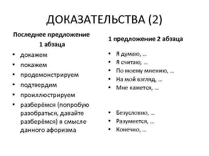 ДОКАЗАТЕЛЬСТВА (2) Последнее предложение 1 абзаца • • • докажем продемонстрируем подтвердим проиллюстрируем разберёмся