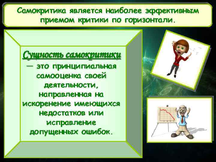 Самокритика является наиболее эффективным приемом критики по горизонтали. Сущность самокритики — это принципиальная самооценка