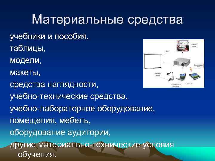 Материальные средства учебники и пособия, таблицы, модели, макеты, средства наглядности, учебно-технические средства, учебно-лабораторное оборудование,