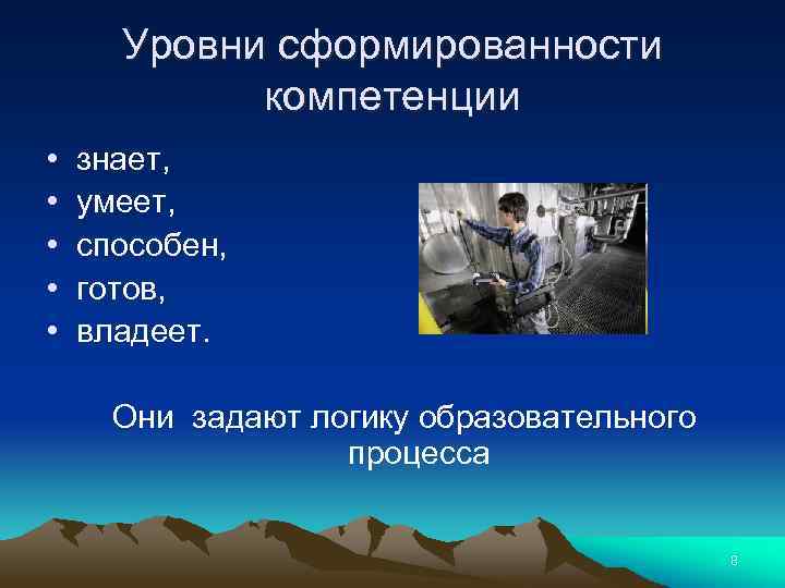 Уровни сформированности компетенции • • • знает, умеет, способен, готов, владеет. Они задают логику