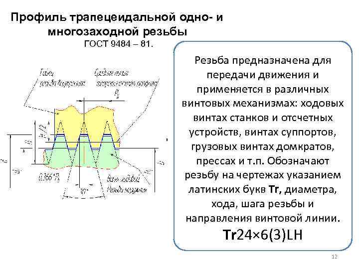Профиль трапецеидальной одно- и многозаходной резьбы ГОСТ 9484 – 81. Резьба предназначена для передачи
