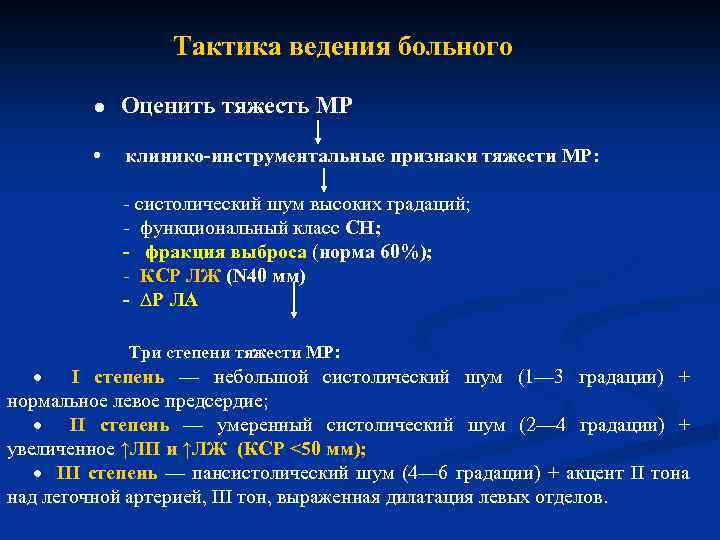  Тактика ведения больного ● Оценить тяжесть МР • клинико-инструментальные признаки тяжести МР: -