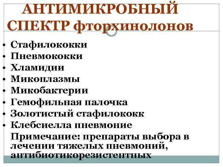 АНТИМИКРОБНЫЙ СПЕКТР фторхинолонов • • Стафилококки Пневмококки Хламидии Микоплазмы Микобактерии Гемофильная палочка Золотистый стафилококк