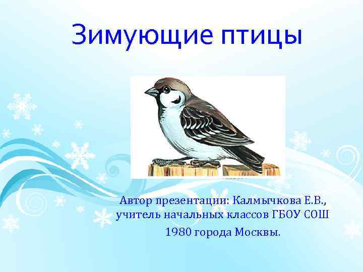 Зимующие птицы Автор презентации: Калмычкова Е. В. , учитель начальных классов ГБОУ СОШ 1980