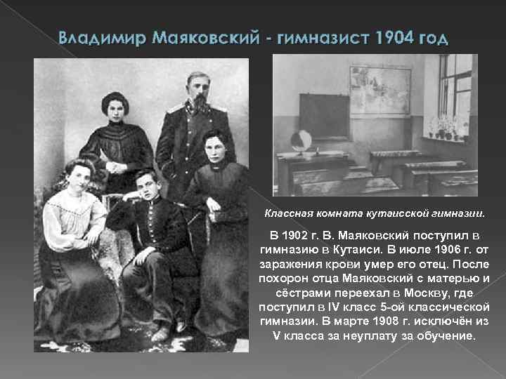 Владимир Маяковский - гимназист 1904 год Классная комната кутаисской гимназии. В 1902 г. В.