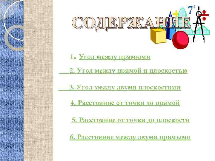 СОДЕРЖАНИЕ 1. Угол между прямыми 2. Угол между прямой и плоскостью 3. Угол между