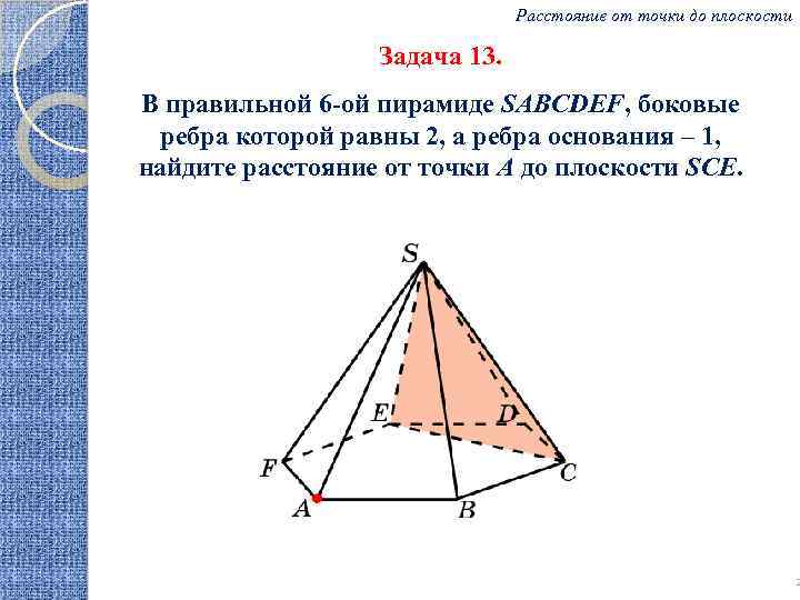 Расстояние от точки до плоскости Задача 13. В правильной 6 -ой пирамиде SABCDEF, боковые