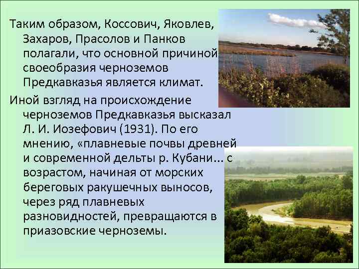 Таким образом, Коссович, Яковлев, Захаров, Прасолов и Панков полагали, что основной причиной своеобразия черноземов