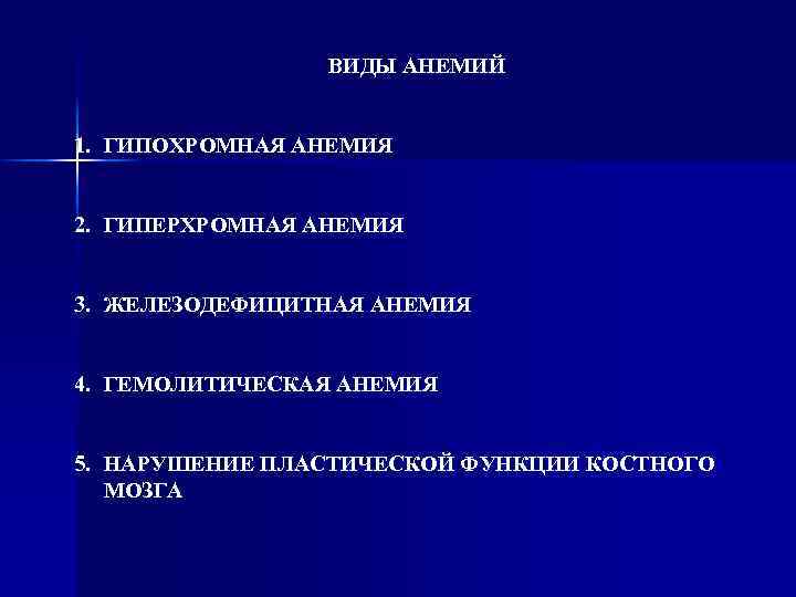 ВИДЫ АНЕМИЙ 1. ГИПОХРОМНАЯ АНЕМИЯ 2. ГИПЕРХРОМНАЯ АНЕМИЯ 3. ЖЕЛЕЗОДЕФИЦИТНАЯ АНЕМИЯ 4. ГЕМОЛИТИЧЕСКАЯ АНЕМИЯ