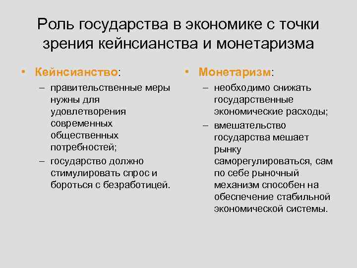 Роль государства в экономике с точки зрения кейнсианства и монетаризма • Кейнсианство: – правительственные