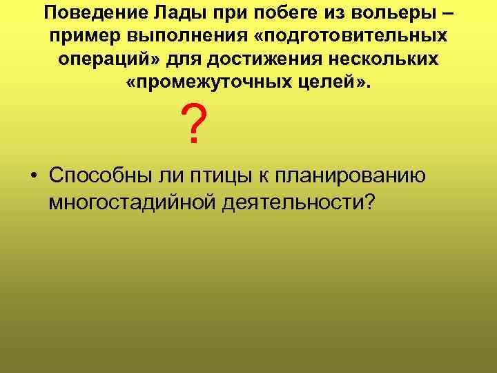 Поведение Лады при побеге из вольеры – пример выполнения «подготовительных операций» для достижения нескольких