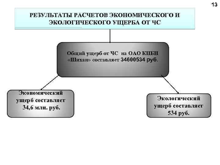  13 РЕЗУЛЬТАТЫ РАСЧЕТОВ ЭКОНОМИЧЕСКОГО И ЭКОЛОГИЧЕСКОГО УЩЕРБА ОТ ЧС Общий ущерб от ЧС