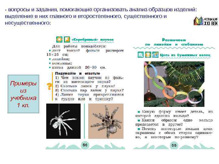 - вопросы и задания, помогающие организовать анализ образцов изделий: выделение в них главного и