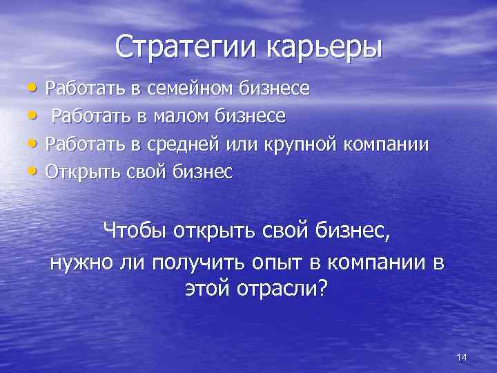 Стратегии карьеры • Работать в семейном бизнесе • Работать в малом бизнесе • Работать