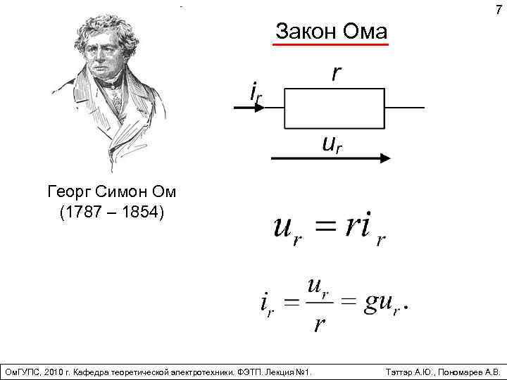 7 Закон Ома Георг Симон Ом (1787 – 1854) Ом. ГУПС, 2010 г. Кафедра