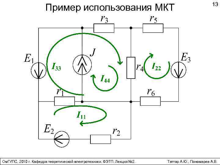 Пример использования МКТ Ом. ГУПС, 2010 г. Кафедра теоретической электротехники. ФЭТП. Лекция № 2.