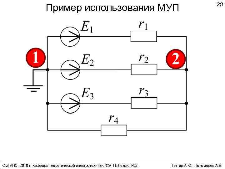 Пример использования МУП Ом. ГУПС, 2010 г. Кафедра теоретической электротехники. ФЭТП. Лекция № 2.