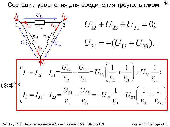 Составим уравнения для соединения треугольником: ( 14 ) ** Ом. ГУПС, 2010 г. Кафедра
