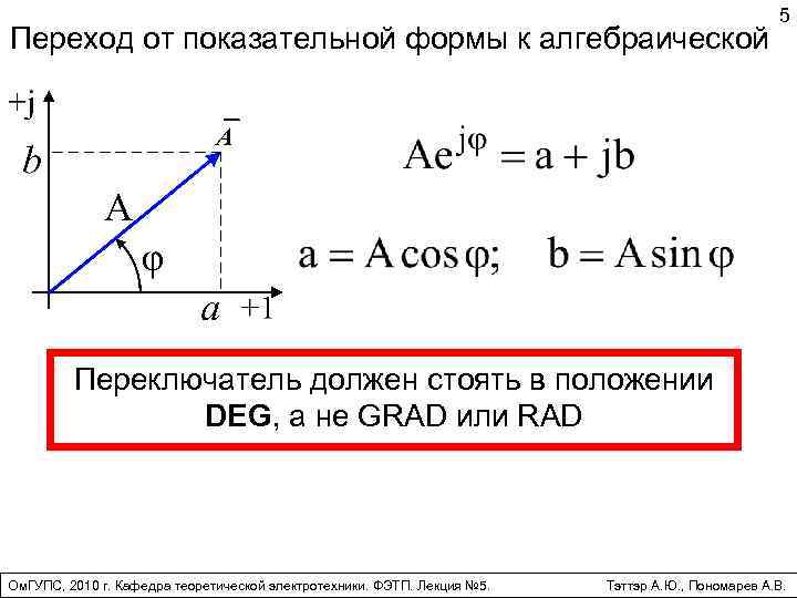 Переход от показательной формы к алгебраической 5 Переключатель должен стоять в положении DEG, а