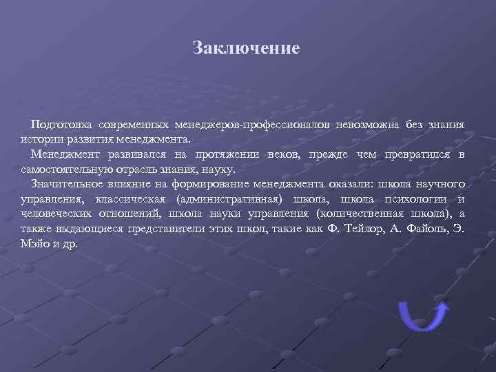 Заключение Подготовка современных менеджеров-профессионалов невозможна без знания истории развития менеджмента. Менеджмент развивался на протяжении