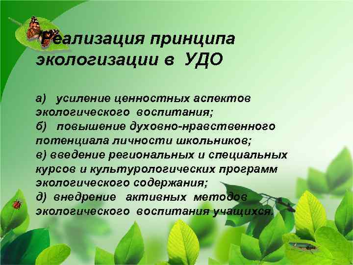 Реализация принципа экологизации в УДО а) усиление ценностных аспектов экологического воспитания; б) повышение духовно-нравственного