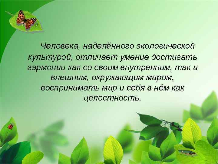 Человека, наделённого экологической культурой, отличает умение достигать гармонии как со своим внутренним, так и