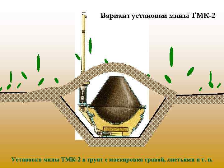 Вариант установки мины ТМК-2 Установка мины ТМК-2 в грунт с маскировка травой, листьями и
