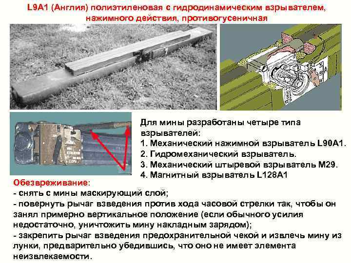 L 9 А 1 (Англия) полиэтиленовая с гидродинамическим взрывателем, нажимного действия, противогусеничная Для мины