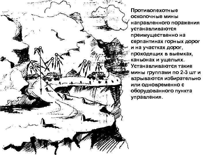 Противопехотные осколочные мины направленного поражения устанавливаются преимущественно на серпантинах горных дорог и на участках