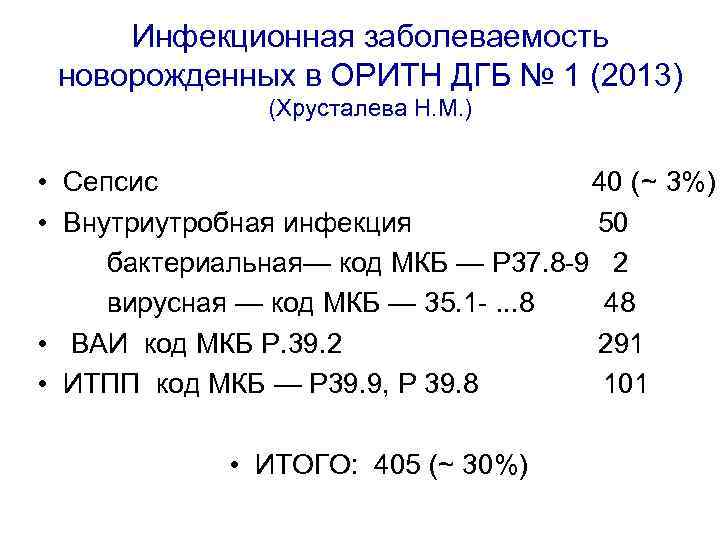 Инфекционная заболеваемость новорожденных в ОРИТН ДГБ № 1 (2013) (Хрусталева Н. М. ) •