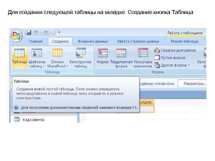 Для создания следующей таблицы на вкладке Создание кнопка Таблица 