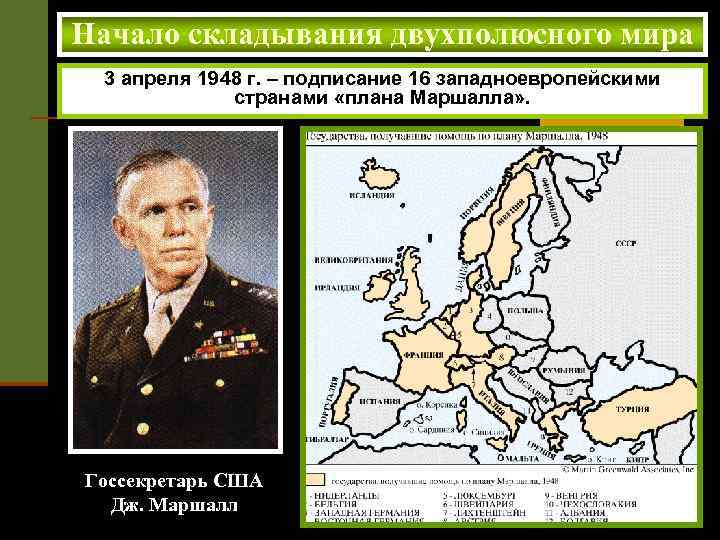 Начало складывания двухполюсного мира 3 апреля 1948 г. – подписание 16 западноевропейскими странами «плана